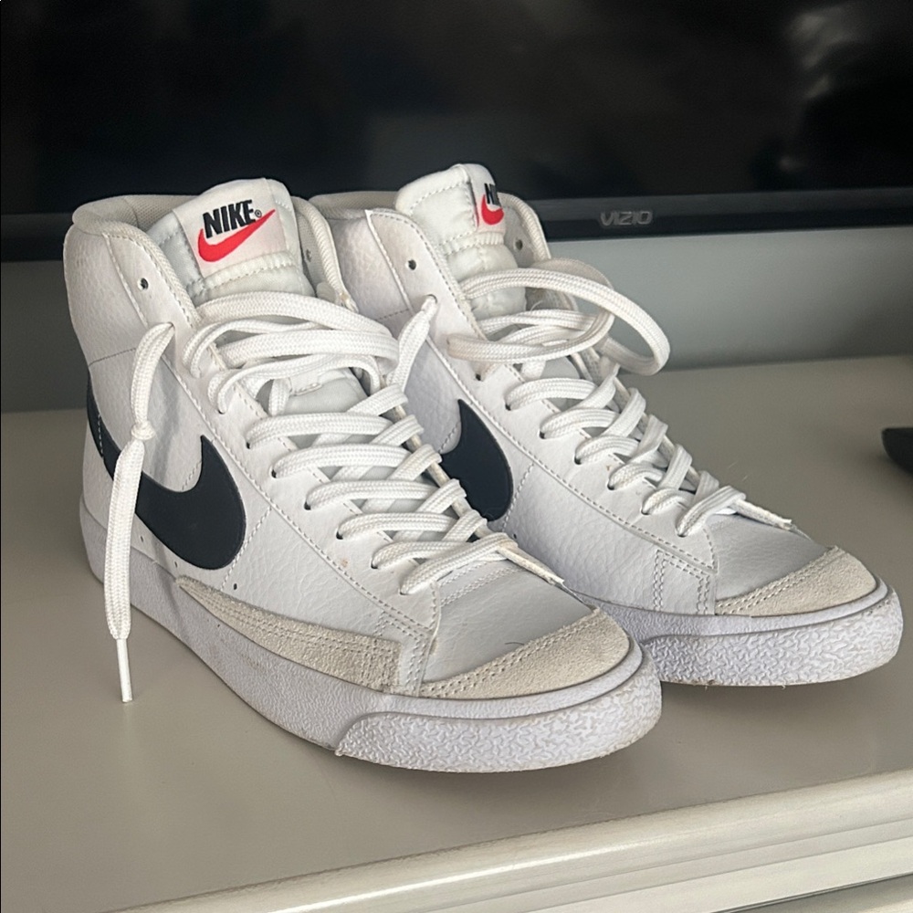 Nike Kids White High-Top Sneakers with Black Swoosh and Red Logo
